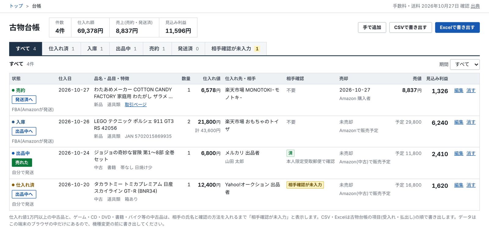 古物台帳の画面。状態のタブと売却の欄